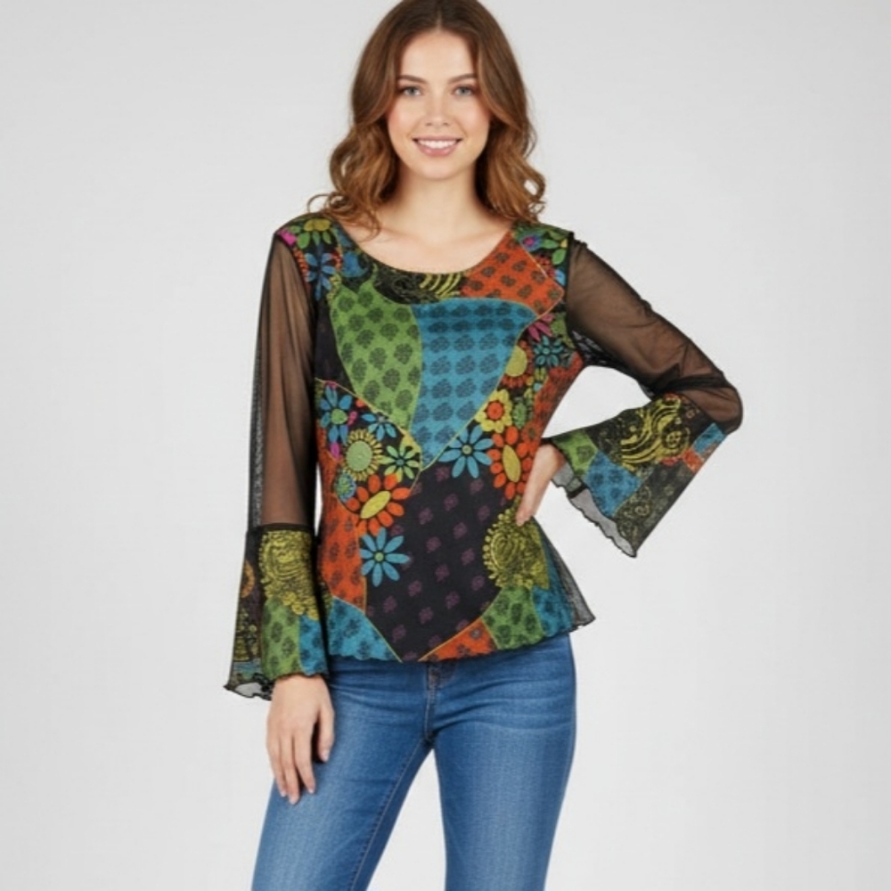 Benetton Patchwork Floral Mesh Bell Sleeve Top
